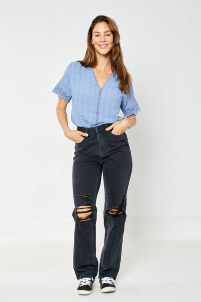 Judy Blue High Rise Rigid Magic 90's Distressed Straight Jeans in Black 88737-Jeans-Sunshine and Wine Boutique