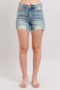 Judy Blue High Waist Vintage Wash Fly Stitch Detail & Destroy Denim Short 150323-Shorts-Sunshine and Wine Boutique