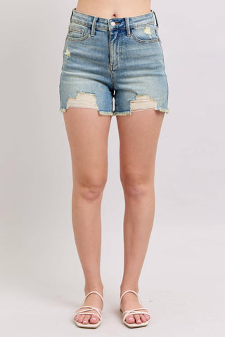 Judy Blue High Waist Vintage Wash Fly Stitch Detail & Destroy Denim Short 150323-Shorts-Sunshine and Wine Boutique