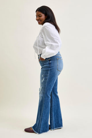 Judy Blue Mid Rise Button Fly Destroyed Fray Hem Flare Denim Jeans 82638