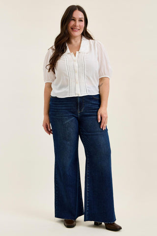 Judy Blue High Waist Adjustable Waistband Tabs Raw Hem Retro Wide Leg Denim Jeans 881114