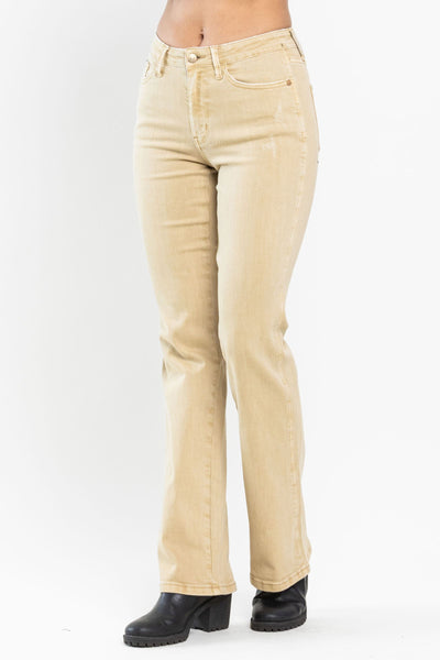 Judy Blue Mid Rise Garment Dyed Khaki Slim Bootcut Denim 88504-Jeans-Sunshine and Wine Boutique