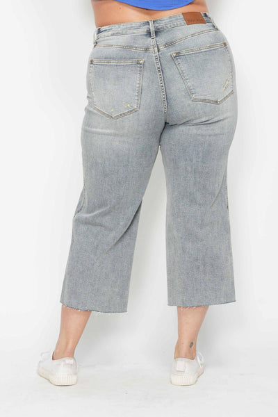 Judy Blue Mid Rise Tummy Control Raw Hem Wide Leg Crop Denim 88903-Jeans-Sunshine and Wine Boutique