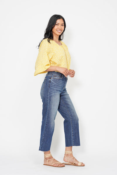 Judy Blue High Waist Back Pocket Embroidery Crop Wide Leg Denim 88873-Jeans-Sunshine and Wine Boutique