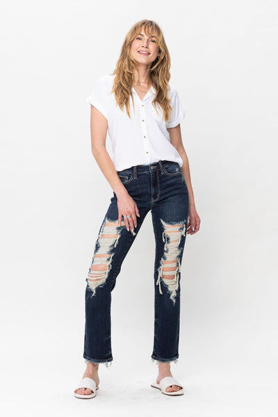 Judy Blue Mid Rise Heavy Destroy Straight Denim 82534-Jeans-Sunshine and Wine Boutique