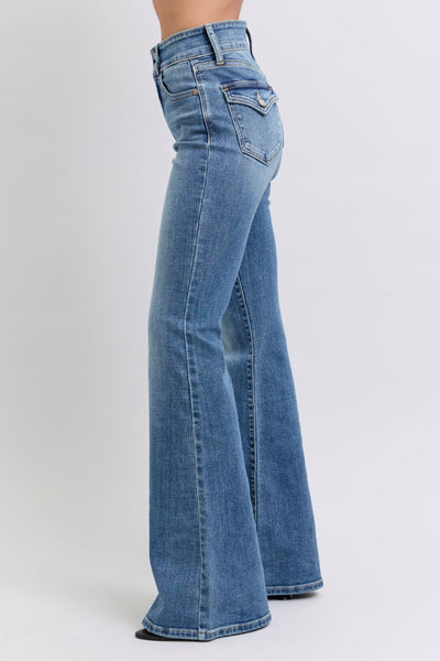 Judy Blue High Waist Double Button Tinted Flare Denim Jeans 82630-Jeans-Sunshine and Wine Boutique