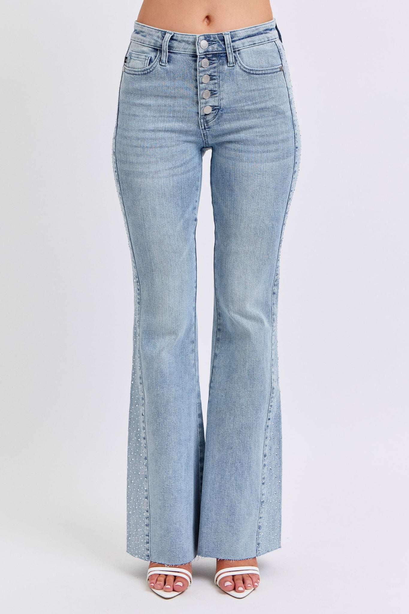 Judy Blue Mid Rise Button Fly Rhinestone Side Panel Detail Flare Denim Jeans 88895-Jeans-Sunshine and Wine Boutique