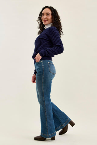 Judy Blue High Waist Tummy Control Double Button Flare Denim Jeans 881018 - Petite