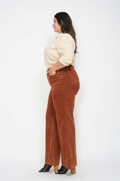 Judy Blue High Waist Garment Dyed Pumpkin Spice Raw Hem Retro Wide Leg Denim 88888-Jeans-Sunshine and Wine Boutique