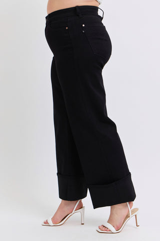 Judy Blue High Waist Retro Wide Leg Black Cuffed Denim Jeans 82617