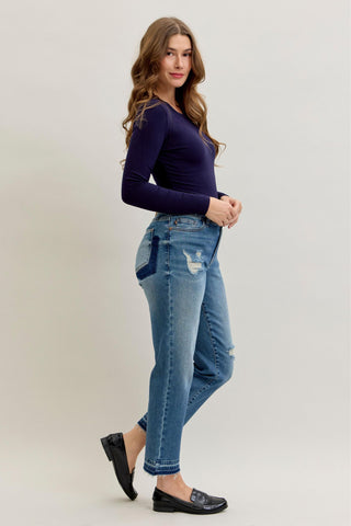 Judy Blue Mid Rise Patch & Repair Destroy Release Hem Boyfriend Denim Jeans 881045