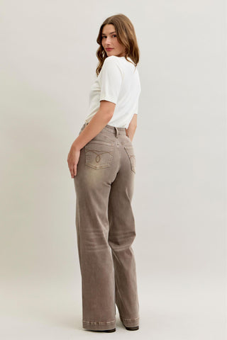 Judy Blue High Waist Retro Yarn Dyed Clay Criss-Cross Waistband Wide Leg Denim Jeans 881031