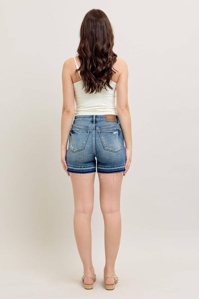 Judy Blue Mid Rise Tummy Control Vintage Wash Release Hem Denim Short 150299-Shorts-Sunshine and Wine Boutique
