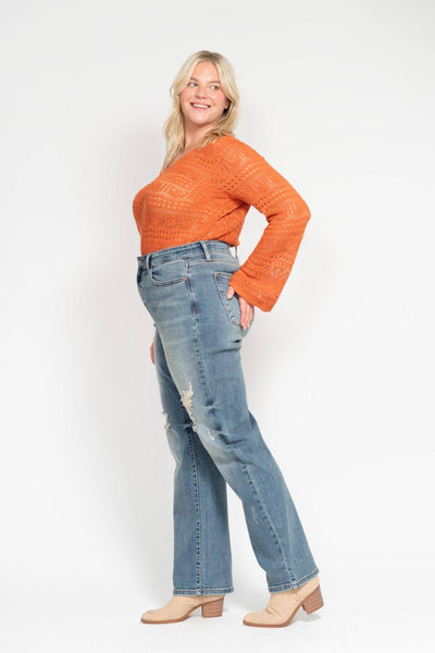 Judy Blue High Waist Harsh Tint & Destroy Straight Dad Denim Jeans 82641-Jeans-Sunshine and Wine Boutique