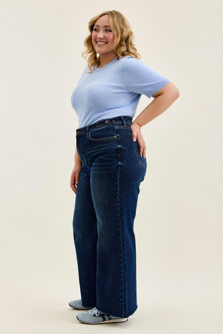 Judy Blue High Waist Adjustable Waistband Tabs Raw Hem Retro Wide Leg Denim Jeans 881114 - Petite