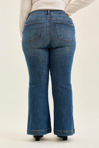 Judy Blue High Waist Tummy Control Double Button Flare Denim Jeans 881018 - Petite