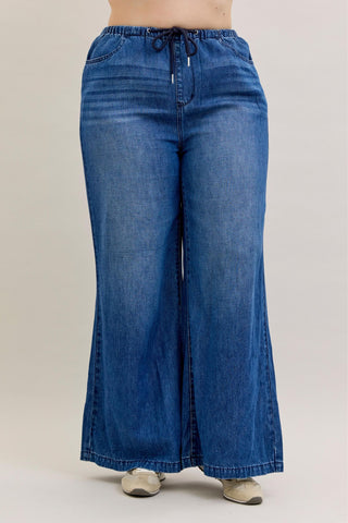 Judy Blue High Waist Featherweight Elastic Waistband Drawstring Palazzo Denim Jeans 881047