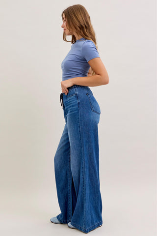 Judy Blue High Waist Featherweight Elastic Waistband Drawstring Palazzo Denim Jeans 881047