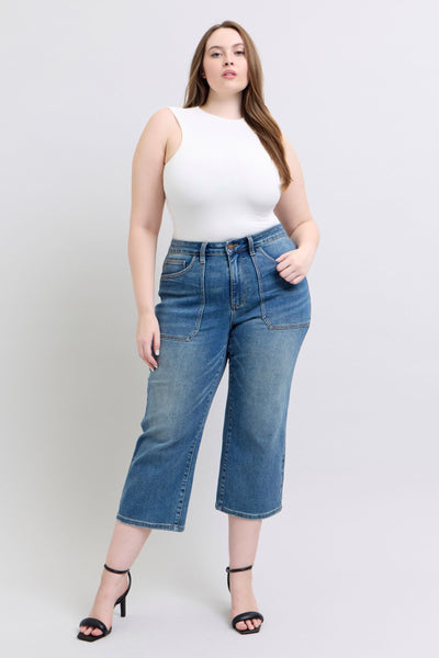 Judy Blue High Waist Utility Pockets Crop Wide Leg Denim Jeans 88904-Jeans-Sunshine and Wine Boutique