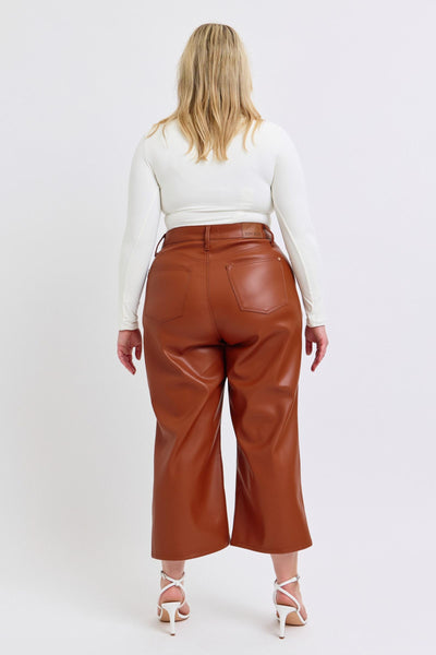 Judy Blue High Waist Tummy Control Camel Faux Leather Wide Leg Crop Denim Jeans 88900-Jeans-Sunshine and Wine Boutique