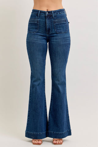 Judy Blue High Waist Mitered Pocket & Pintuck Flare Denim Jeans 881079