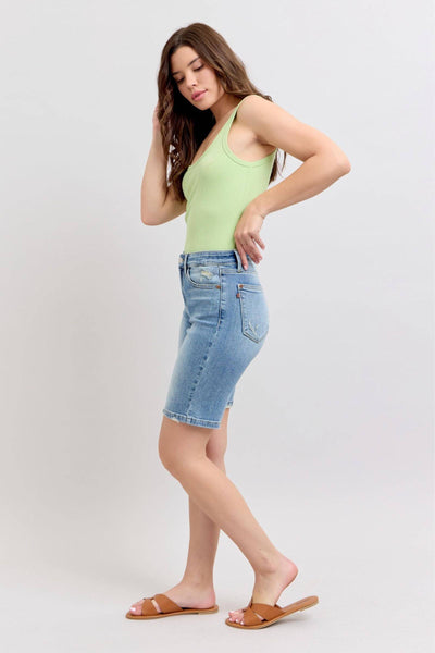 Judy Blue High Waist Vintage Wash Bermuda Denim Short 152101-Shorts-Sunshine and Wine Boutique