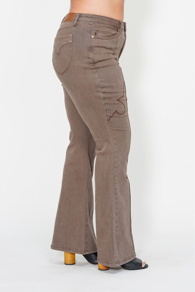 Judy Blue High Waist Garment Dyed Knee Seam Detail & Shield Pockets Flare Denim 88846-Jeans-Sunshine and Wine Boutique