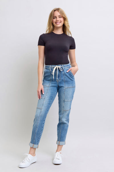 Judy Blue High Waist Cargo Cuff Jogger Denim Jeans 88909-Jeans-Sunshine and Wine Boutique