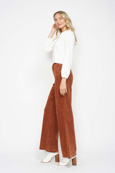 Judy Blue High Waist Garment Dyed Pumpkin Spice Raw Hem Retro Wide Leg Denim 88888-Jeans-Sunshine and Wine Boutique