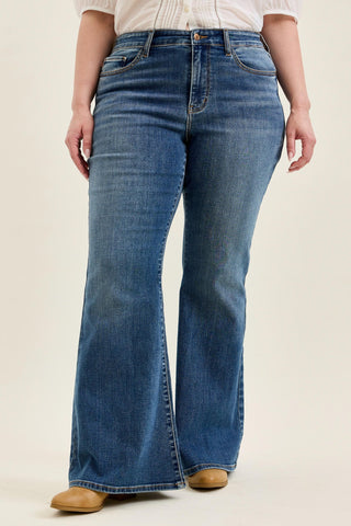 Judy Blue Mid Rise Triple Needle Pockets & Bandana Loop Jaqueline Flare Denim Jeans 82726