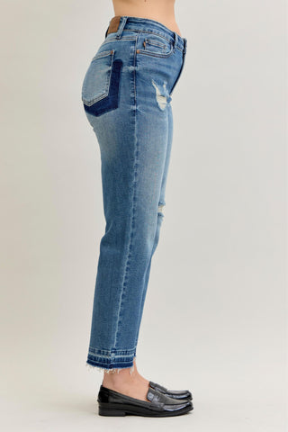 Judy Blue Mid Rise Patch & Repair Destroy Release Hem Boyfriend Denim Jeans 881045