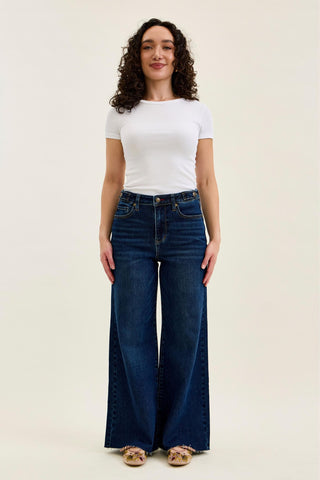 Judy Blue High Waist Adjustable Waistband Tabs Raw Hem Retro Wide Leg Denim Jeans 881114 - Petite