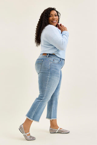 Judy Blue Mid Rise Frayed Hem Kick Flare Denim Jeans 82721