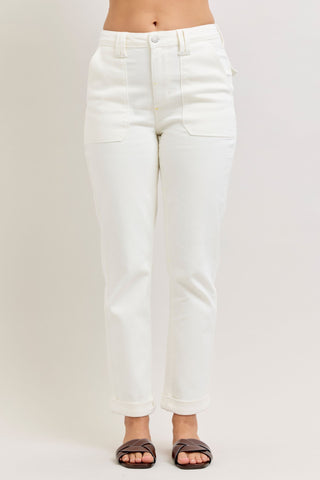 Judy Blue High Waist Aurora Weekender Garment Dyed White Cuffed Slim Straight Jogger Denim Jeans 881083