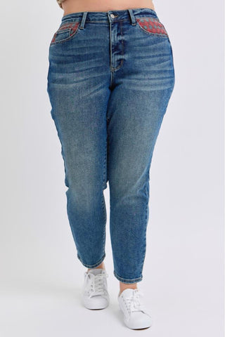 Judy Blue High Waist Plaid Patch Slim Denim Jeans 88868