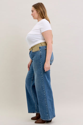 Judy Blue Mid Rise Corduroy Waist Column Straight Denim Jeans 881054