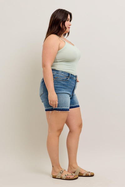 Judy Blue Mid Rise Tummy Control Vintage Wash Release Hem Denim Short 150299-Shorts-Sunshine and Wine Boutique