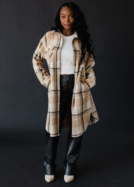 Panache Tan, Black & Beige Plaid Long Flannel Button Up-Clothing-Sunshine and Wine Boutique