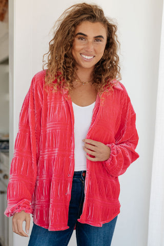 White Birch Feeling Fuchsia Velvet Button Down