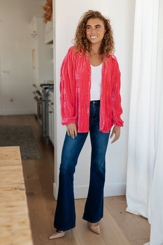 White Birch Feeling Fuchsia Velvet Button Down