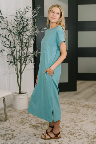 Zenana Fix You Right Up Short Sleeve Midi Dress in Dusty Teal