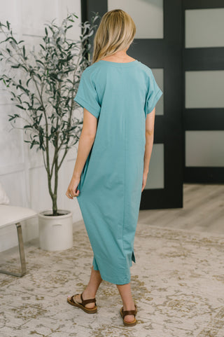 Zenana Fix You Right Up Short Sleeve Midi Dress in Dusty Teal