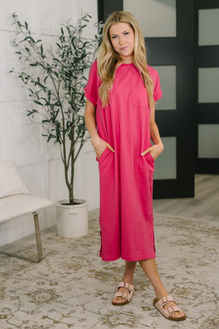 Zenana Fix You Right Up Short Sleeve Midi Dress in Hot Pink