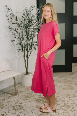Zenana Fix You Right Up Short Sleeve Midi Dress in Hot Pink