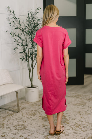 Zenana Fix You Right Up Short Sleeve Midi Dress in Hot Pink