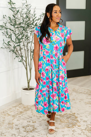 Haptics Fleurget Me Not Tiered Flutter Sleeve Dress in Aqua
