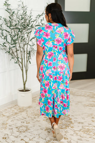 Haptics Fleurget Me Not Tiered Flutter Sleeve Dress in Aqua