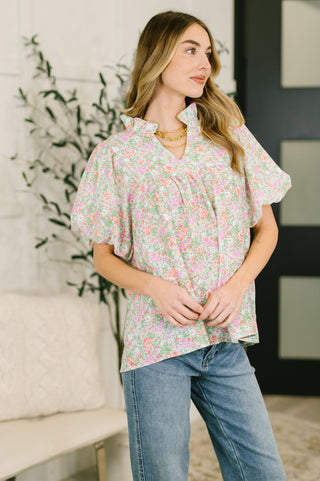 Haptics Flower Picking Notch Neck Blouse