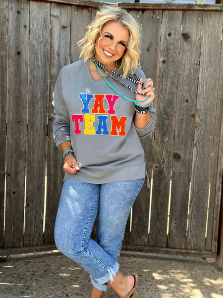 Texas True Threads "Yay Team" Chenille Applique Sweatshirt - Exclusive-Sweaters-Sunshine and Wine Boutique