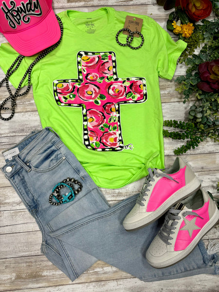 Texas True Threads Callie Ann Stelter Pink Floral Cross Tee - Exclusive-Tees-Sunshine and Wine Boutique